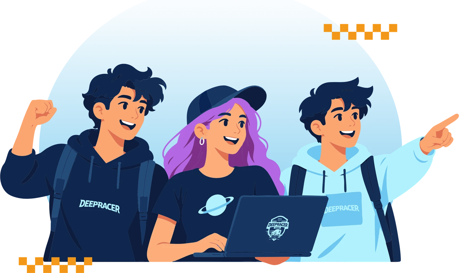 Tres estudiantes celebran con una bandera de meta y un portátil con el logo de DeepRacer